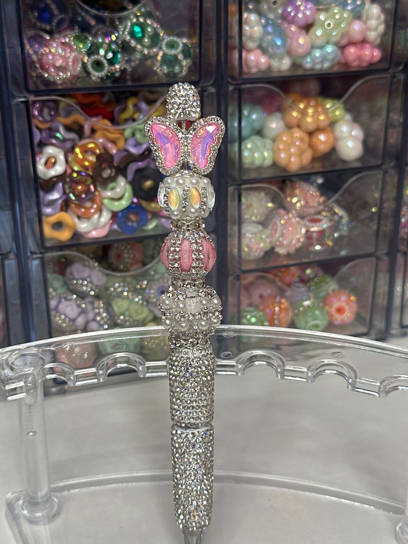 Silver White Pink Butterfly Fancy Pen