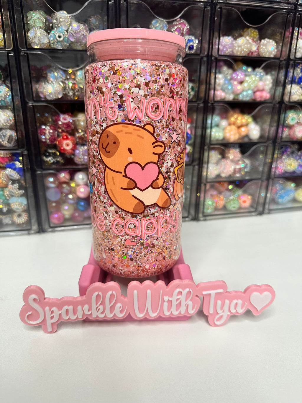 Dont Worry Be Cappy Premade Cup. Dry Glitter Snowglobe
